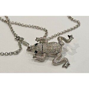 PJM OF PHOENIX FROG PAVE RHINESTONE PENDANT BROOCH SILVER CHAIN 30" NECKLACE EU